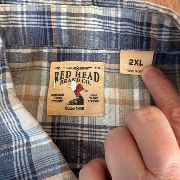 RedHead Brand Co Men’s 2XL Plaid Short Sleeve Shirt Blue Tan Cotton Outdoor - Picture 4 of 6